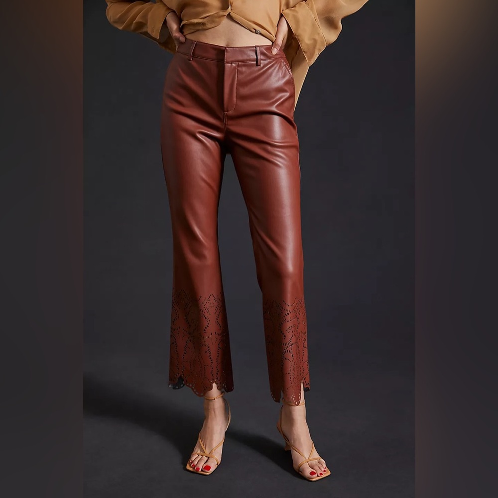 Anthropologie Laser-Cut Faux Brown Leather Cropped Trousers Size 4
